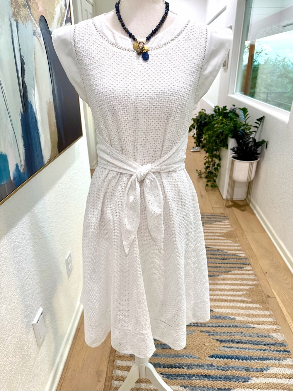 Rebecca Taylor White Tie-Waist Textured Cotton Knit White Dress SZ 0 Fully Lined